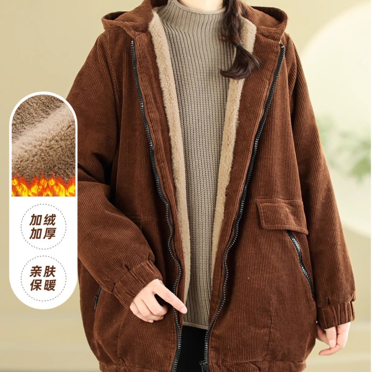 冬季新款 文艺复古灯芯绒加绒棉衣女纯色加厚保暖棉服连帽外套479