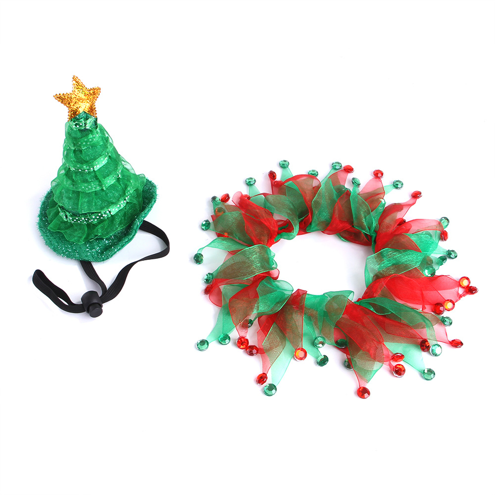 2023 Cross-Border Spot New Pet Christmas Day Hat Scarf Set Cat Hat Collar Ornament