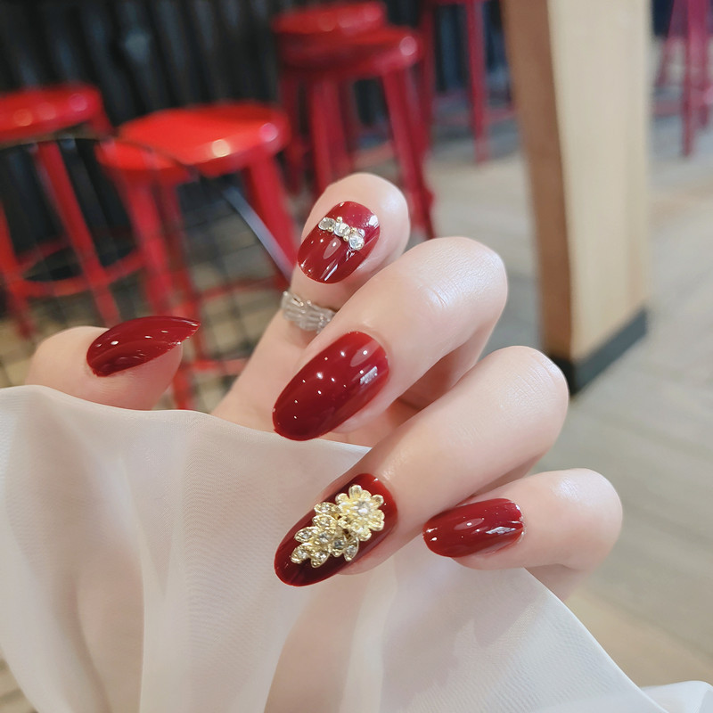 秋冬美甲 红色带钻 喜庆新娘 美甲成品穿戴甲贴片假指甲片24片款