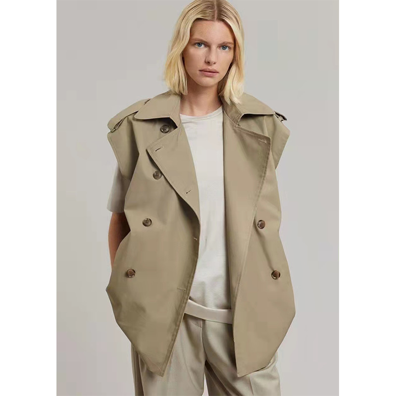 复古英伦风 潮流艺术 气质双排扣宽松感坎肩风衣 卡其色马甲外套