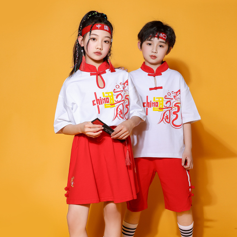六一儿童啦啦队演出服街舞中国风国潮嘻哈小学生班服红色表演服装