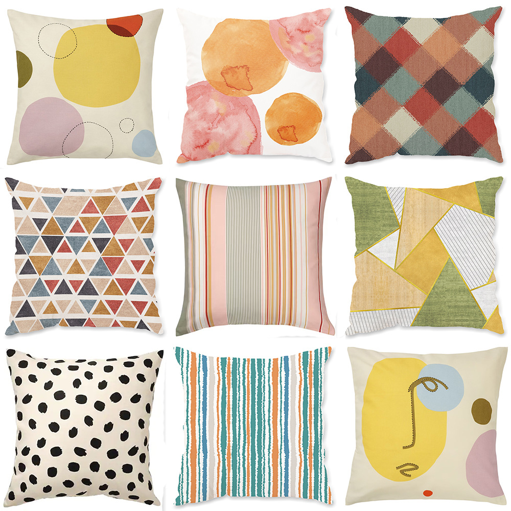 [Clothes] Nordic Simple Pillow Line Painted Geometric Block Plush Pillowcase Digital Printing Cushion Case