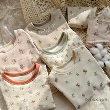 韩国棉面料女童婴儿宝宝家居服套装高弹力碎花秋衣秋裤两件套潮