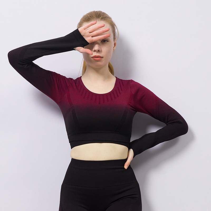 Processing Customized Quick-Drying Gradient Color Yoga Clothes Women's Long-Sleeved Suit Breathable Sports Yoga Jacket High Waist Yoga Pants