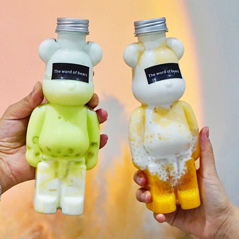 网红小熊奶茶杯卡通pet创意瓶加厚果汁饮料瓶暴力熊商用奶茶杯子