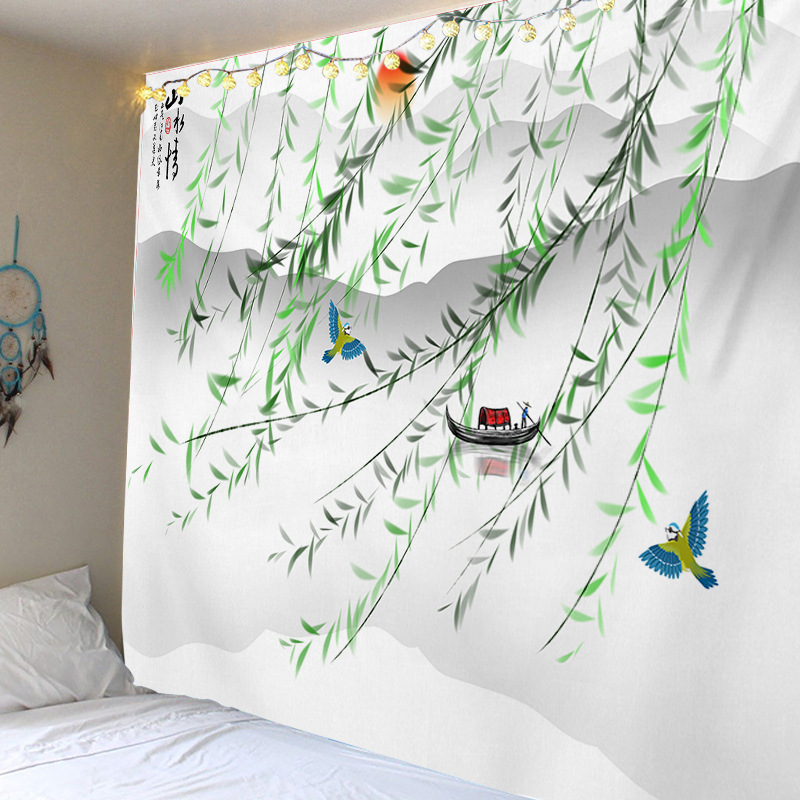 挂布挂布床头墙装饰墙面布床头布水墨画山水情系列之扁舟飞鸟图