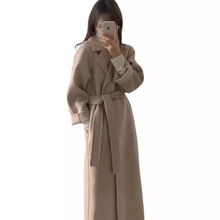 现货女毛呢大衣韩版西装领宽松系带秋冬加长款双面呢外套