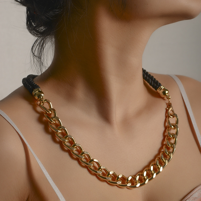 欧美跨境饰品创意夸张双层绒带大粗链子项链女士个性气质百搭项饰
