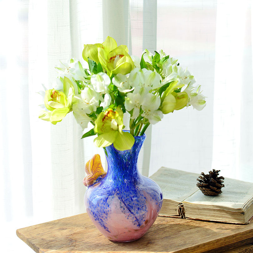 家居饰品宝石蓝撞色樱花粉鎏金花蝴蝶古典手工玻璃花器花瓶摆件