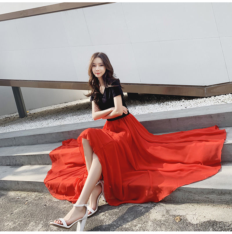 三层雪纺大摆半身裙大红色纱裙拖地沙滩裙舞蹈练习裙广场新疆舞