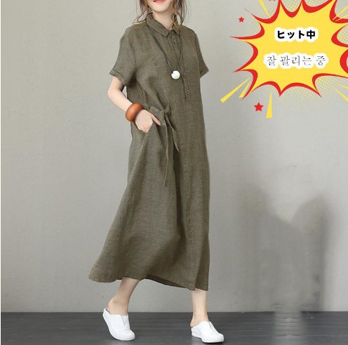 Cross-Border New Arrival Polo Collar Cotton and Linen Lapel Short Sleeve Loose Pockets Temperament Women's Casual Dress Dress