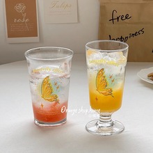 创意蝴蝶玻璃杯家用水杯 儿童大容量高颜值果汁甜品伴手礼杯子ins