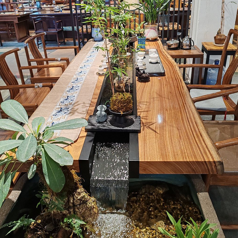 循环流水景观茶桌一体茶台养鱼创意新中式实木曲水流觞桌椅长方形
