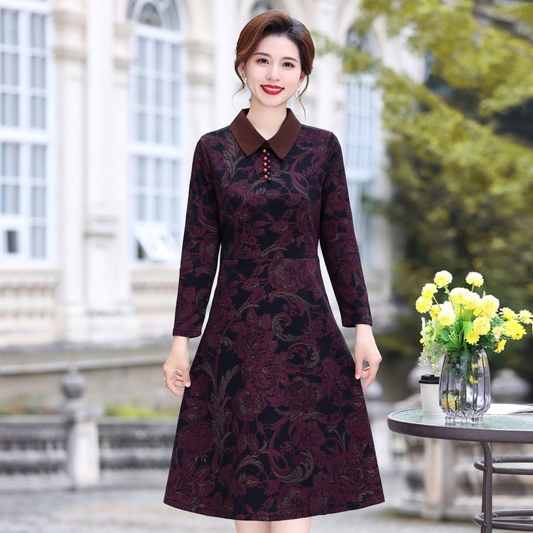 2024春夏装新款中年妈妈长袖连衣裙时尚气质中老年女装花色过膝连