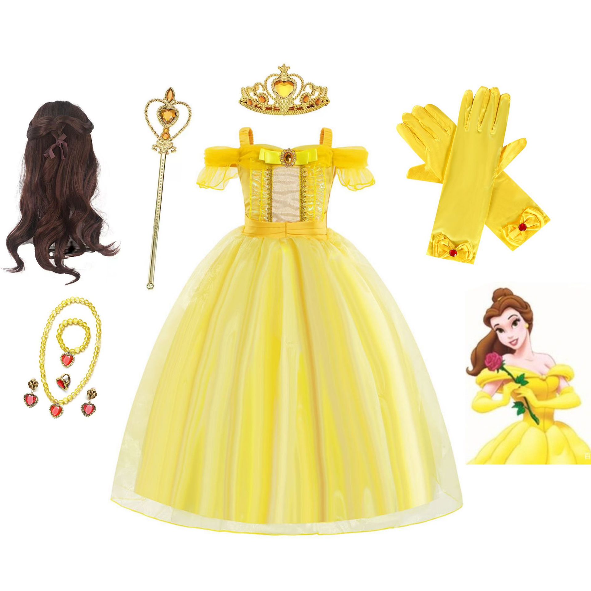 欧美女童礼服美女与野兽贝儿公主裙贝儿礼服贝儿假发金色演出服