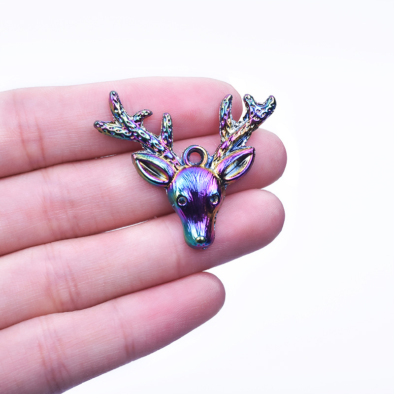 【厂家】七彩色鹿头合金配件吊坠项链金属饰品挂件欧美跨境专供