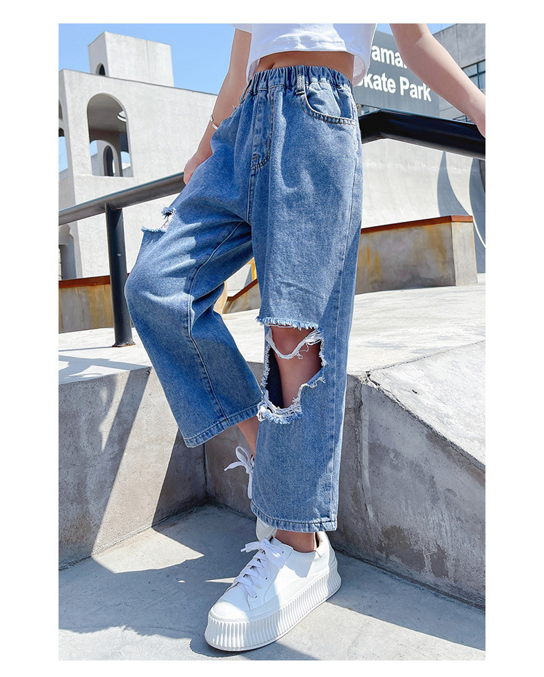 女童破洞牛仔裤夏儿童裤子潮薄款2021年新款中大童夏季九分裤