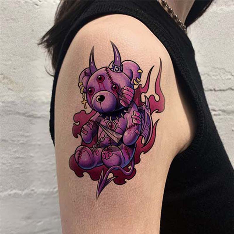 暗黑摇滚朋克邪恶魔头小熊卡通动漫图案花臂纹身贴纸tattoo