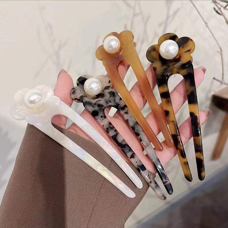 New French Style Elegant Flowers Pearl Hairpin Female Leopard Print Acetate Updo Versatile Bun Temperament Hair Clasp Hair Accessories