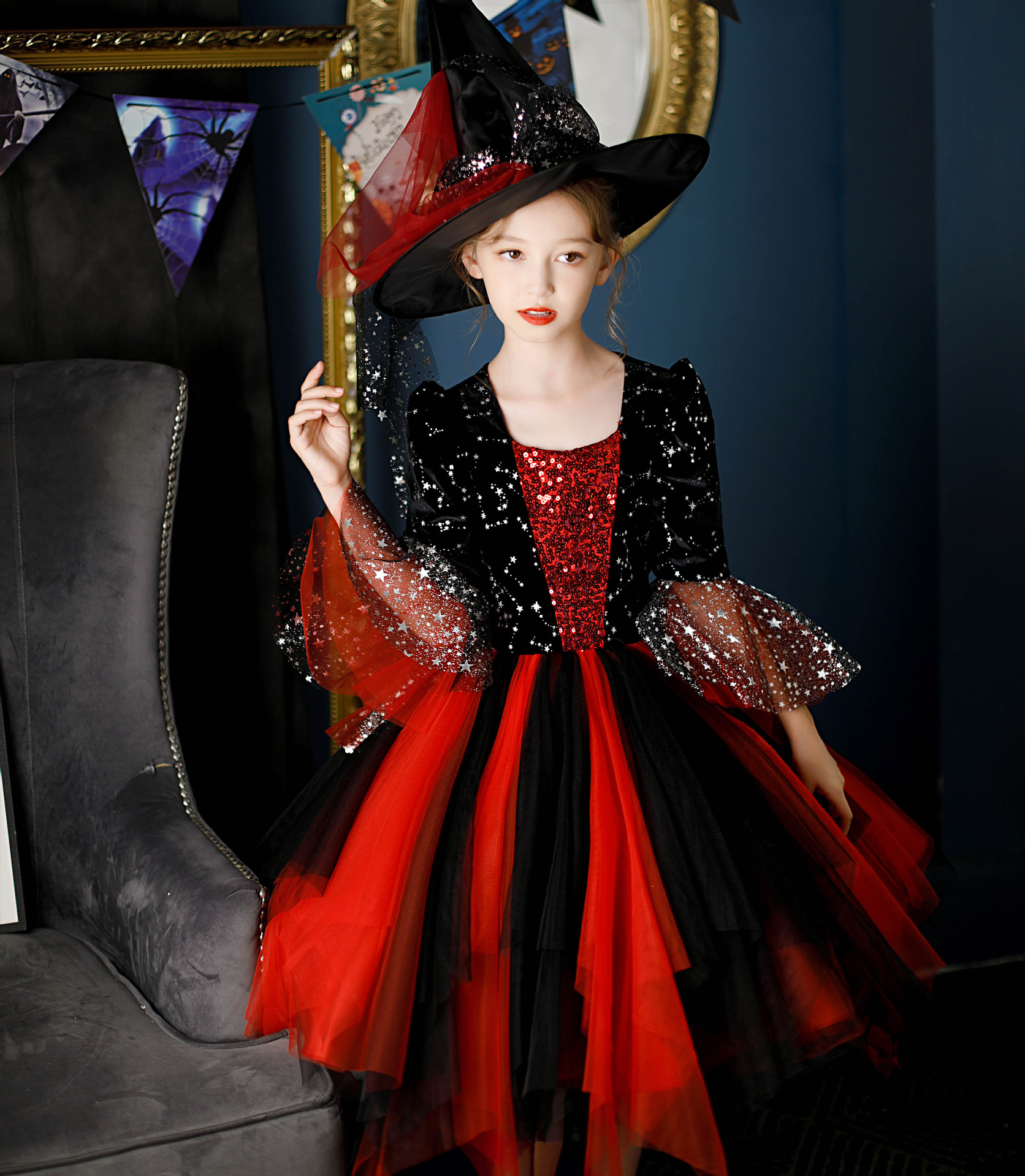 万圣节暗黑系儿童服装女童女巫童话化装舞会派对cosplay公主纱裙