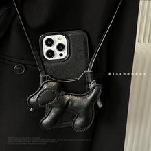 黑色DIY小狗卡包挂绳适用苹果15手机壳iPhone14pro max高级13皮质