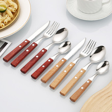 夹柄刀叉勺304不锈钢四件套日式花梨红木榉木牛排刀叉西餐具套装