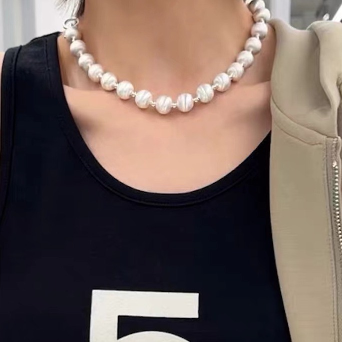 s925银时尚个性手工闪砂圆珠珠项链女士小众轻奢感锁骨链配饰品