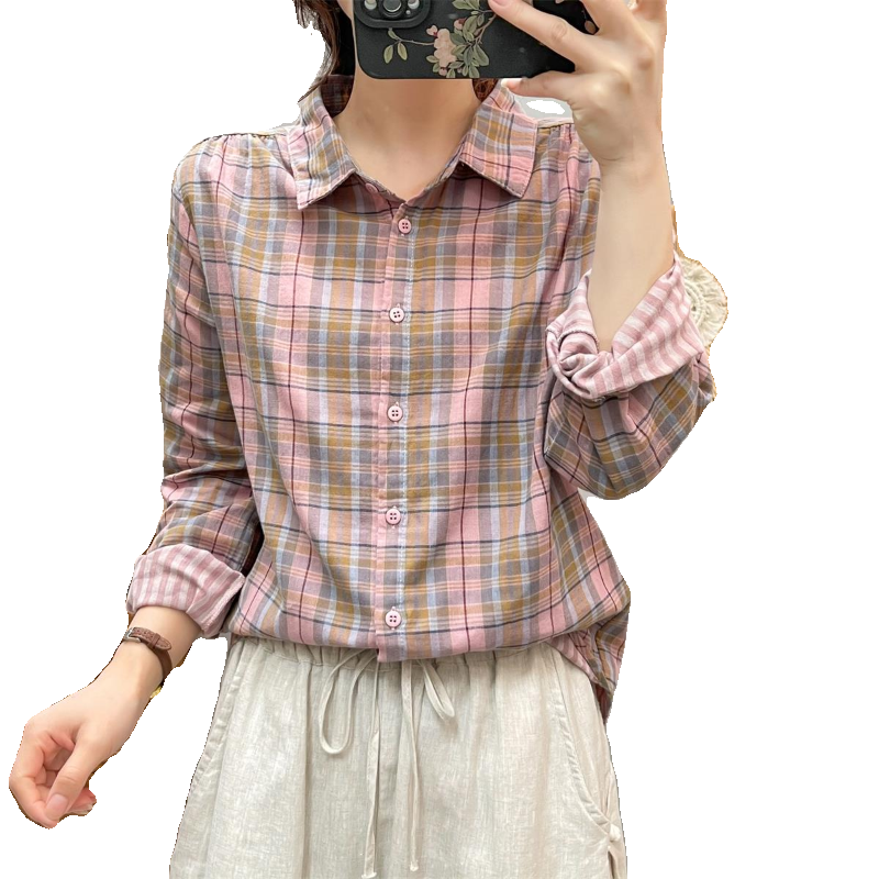 文艺复古色织双层棉纱格子衬衫女 翻领显瘦柔软纯棉休闲衬衣9528