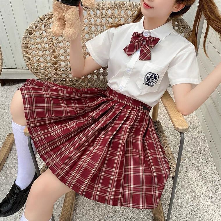 彩虹研究所苋红正统jk制服裙格子裙日系学生深红色酒红短裙百褶裙