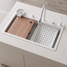 白色飞雨瀑布水槽大单槽手工纳米304不锈钢洗菜盆厨房洗碗池家用