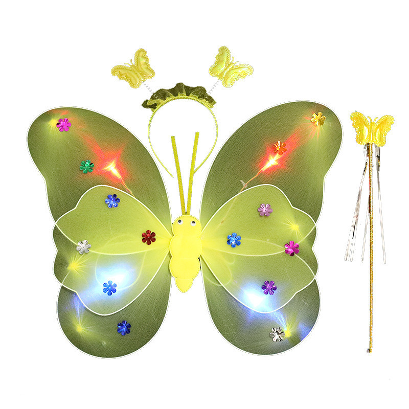 Children's Light-Emitting Butterfly Wings Wholesale Double-Layer Wings with Lights Three-Piece Set Back Decoration Performance Props Stall Small Toys