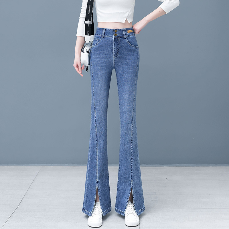 Split Skinny Jeans Spring and Autumn 2024 New High Waist Junior High School Students Straight-Leg Wide-Leg Pants Female