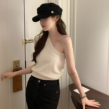 韩国chic夏季法式气质斜边露肩设计收腰显瘦无袖背心针织衫上衣女