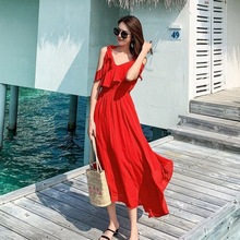 巴厘岛海边度假裙沙滩裙红色纯色雪纺连衣裙显瘦设计感吊带裙长裙