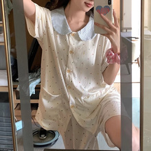 跨境睡衣女夏季韩版泡泡棉开衫短袖短裤甜美波点家居服套装可外穿