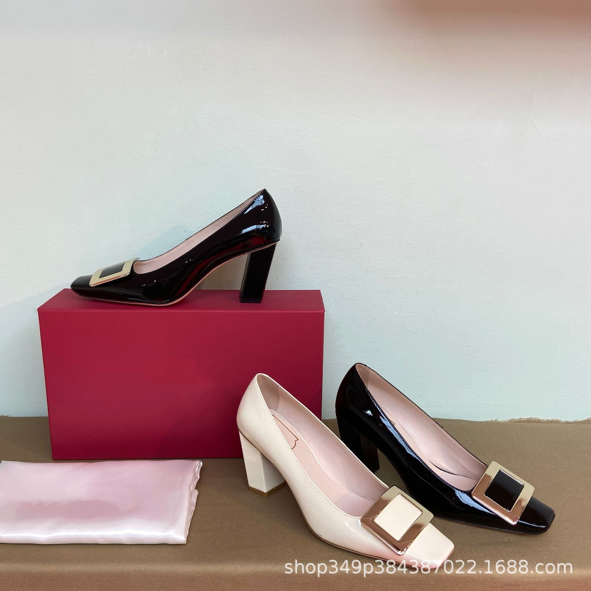 rv新款方扣高跟鞋粗跟方头漆皮浅口单鞋通勤百搭女鞋-阿里巴巴