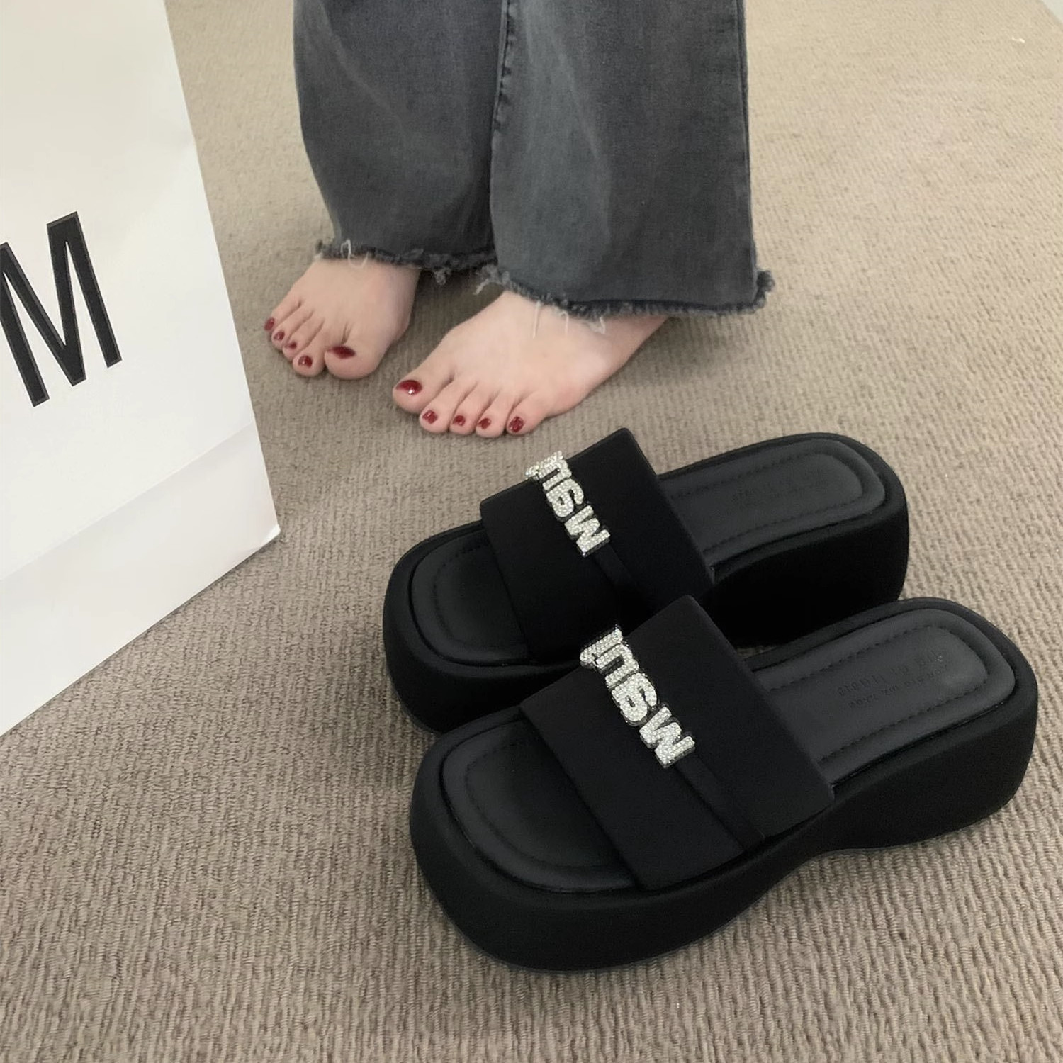 Fangui ~ Classic Style Roman Sandals with Skirt Thick Bottom Black Slippers Women's Summer Outer Wear Evening Style Muffin Sandals