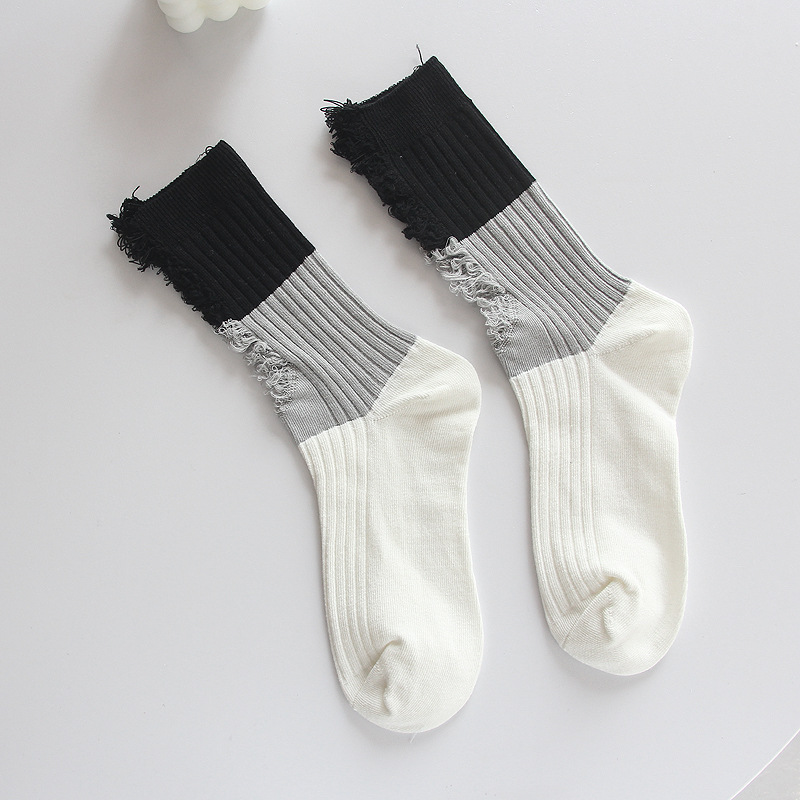 Spring and Summer New Ripped Socks Female Mid-Calf Length Loose Socks Color Matching Beggar Socks Contrast Color Long Socks Trend Double Needle Women's Socks