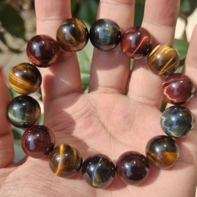 爆款热卖天然三色红黄蓝虎眼石手链 彩虎手串闪电纹 男女通用单圈
