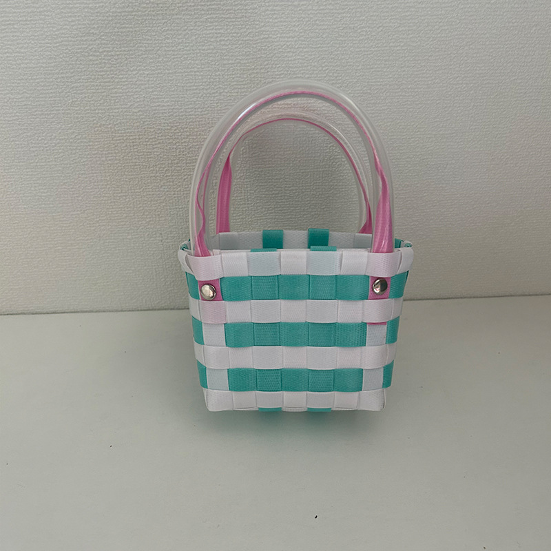 Factory Wholesale Grid Knitted Basket Basket Spring Outing Picnic Basket Special-Interest Design Travel Beach Straw Bag