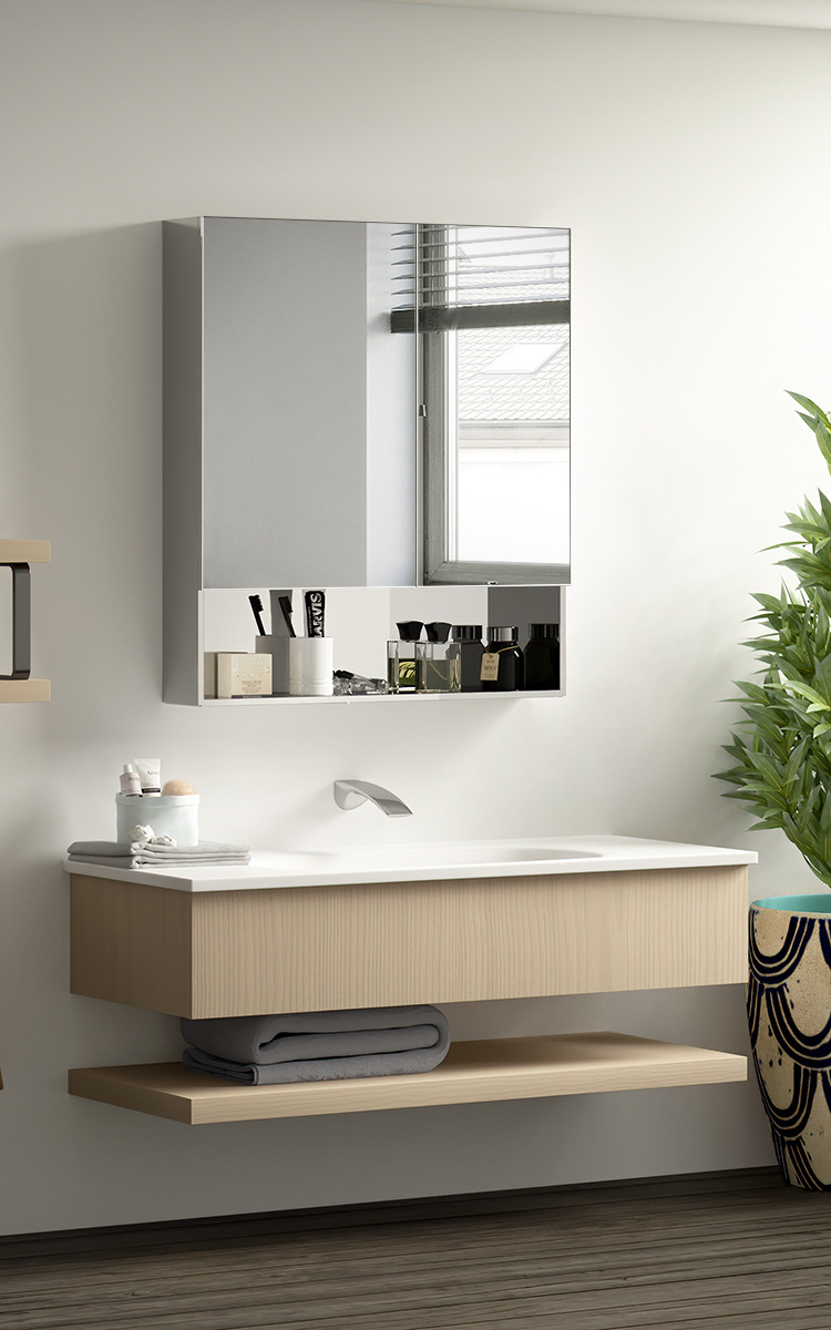 下层开放式亮面不锈钢镜柜80高单独浴室柜工厂可代发