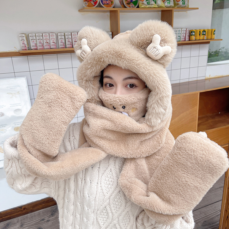 Cute Bear Mask Hat Scarf Integrated Female Cold Protection in Winter Plush Hooded Warm Scarf Gloves Three-Piece Set