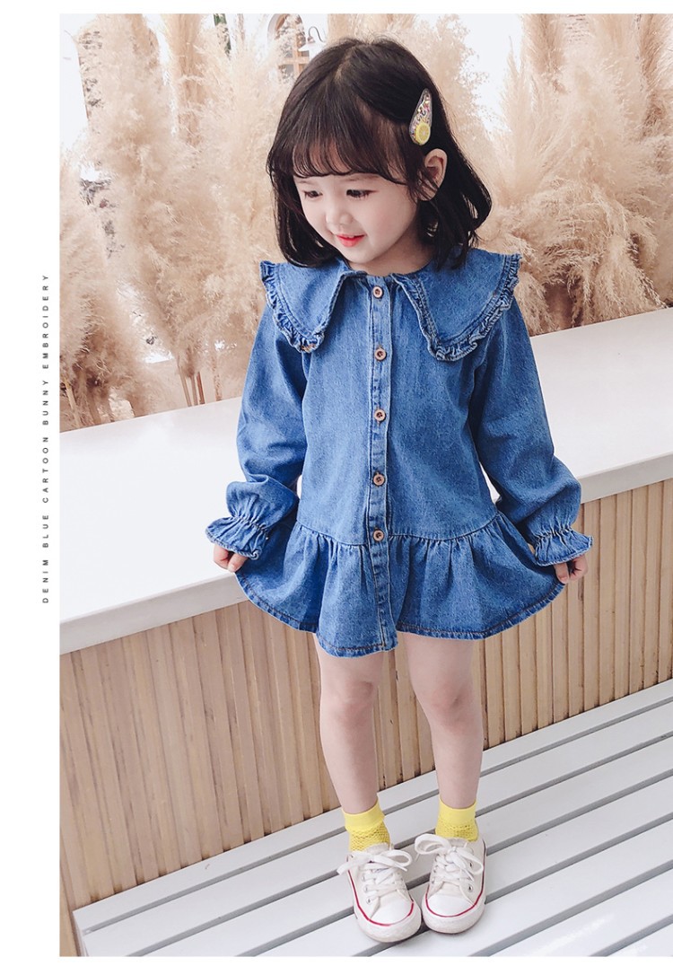 女童春秋季新款纯色牛仔裙中小儿童大翻领荷叶边裙摆连衣裙