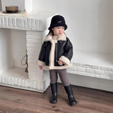 2025冬款女童黑色时髦羊羔绒皮毛一体机车皮夹克加绒加厚保暖外套