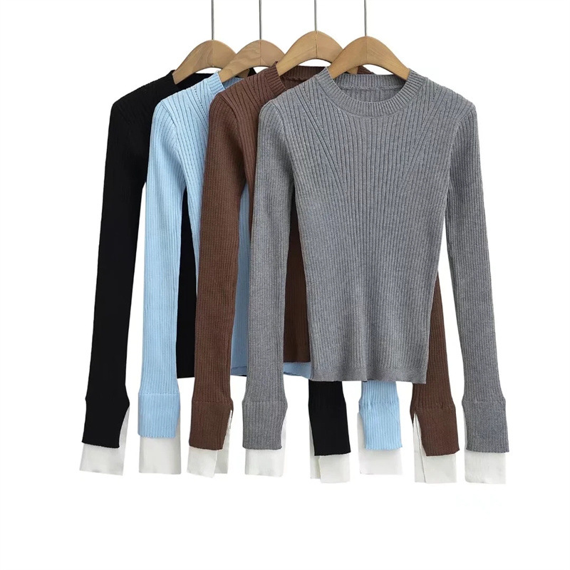 韩系ins小清新时尚针织衫气质袖口撞色设计款圆领长袖简约内搭女