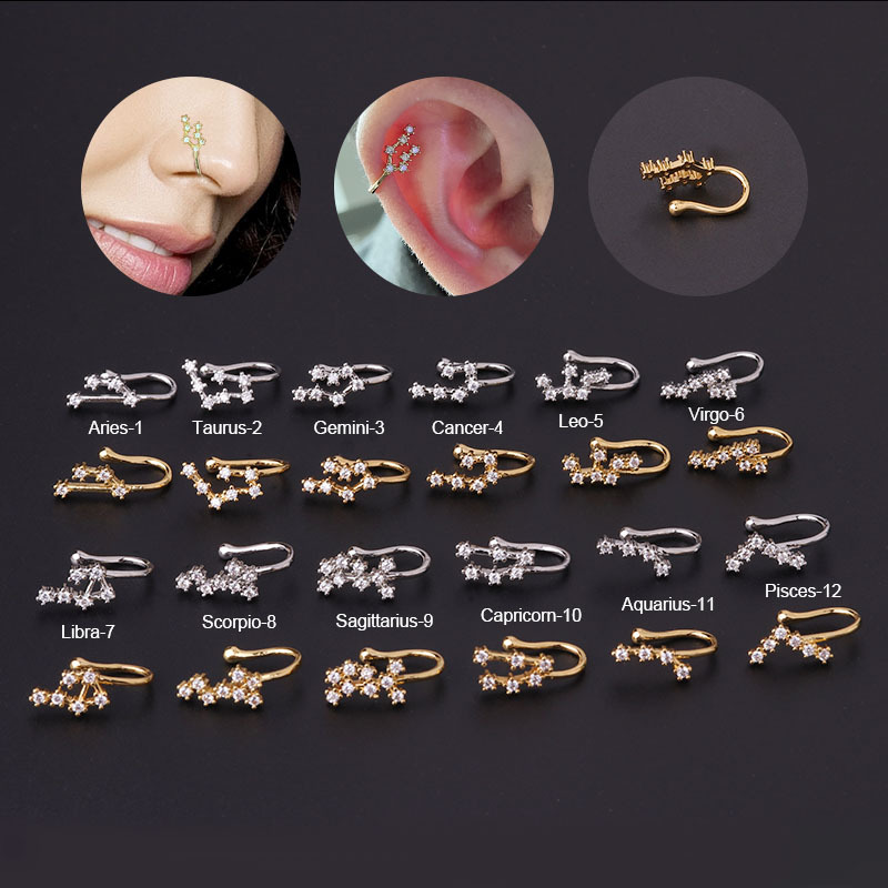 new copper inlaid zircon 12 constellation nose ring nasal splint european and american foreign trade no hole piercing nose ornament