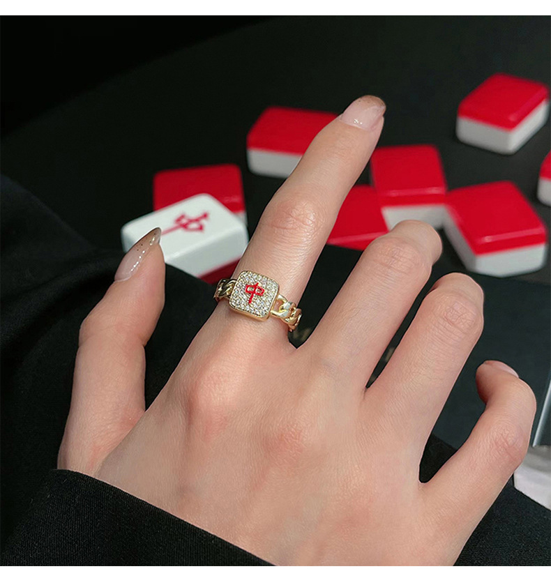 红中发财麻将戒指女小众设计时尚个性高级感指环女2021年新款潮