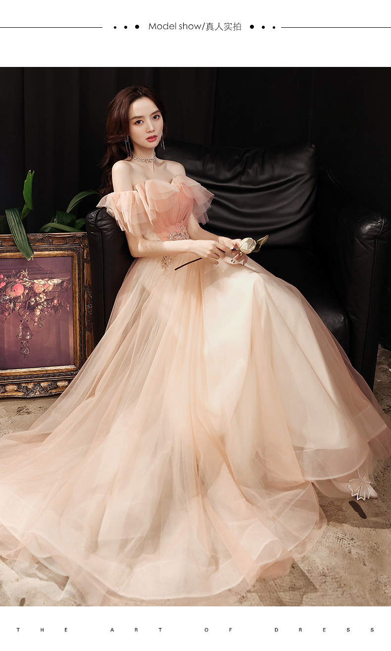 法式宴会小晚礼服裙2022新款一字肩伴娘服敬酒粉色性感主持人礼服