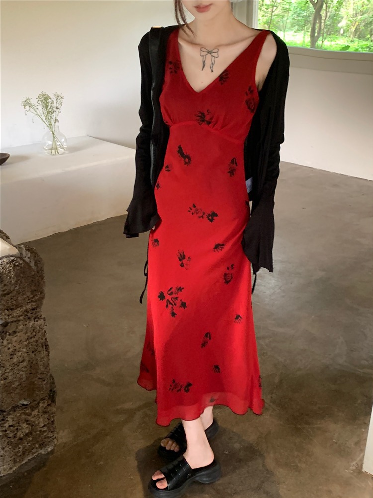 时尚套装不规则飘带百搭开衫外套 印花吊带裙红色垂感连衣裙女装