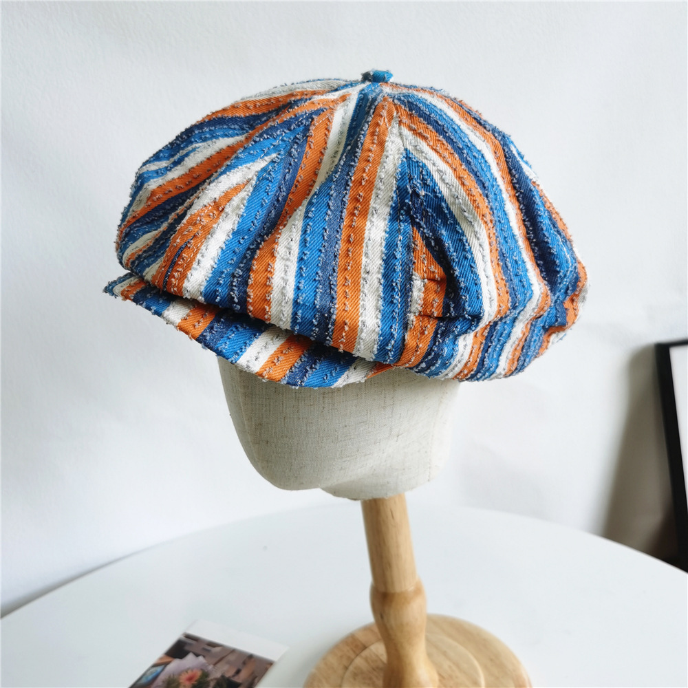个性彩色竖条纹八角帽女艺术生大版磨毛肌理感云朵帽显脸小鸭舌帽